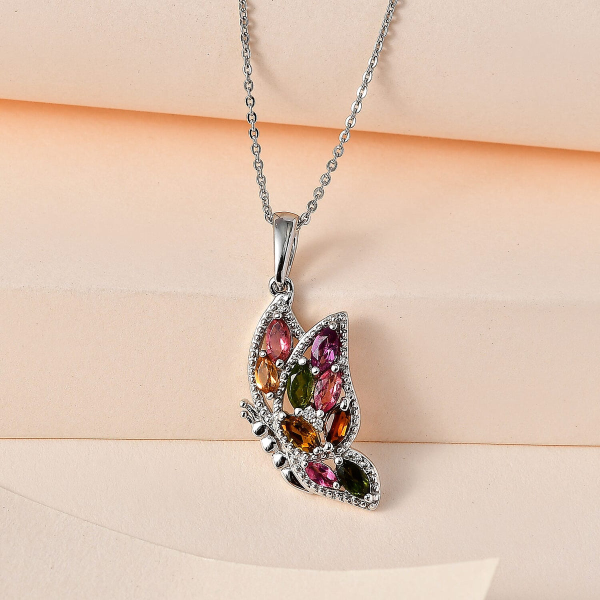 Multi-Tourmaline &amp; Moissanite Butterfly Pendant with Chain (Size 20) in Platinum Overlay Sterling Silver 1.20 Ct. 4208647 3