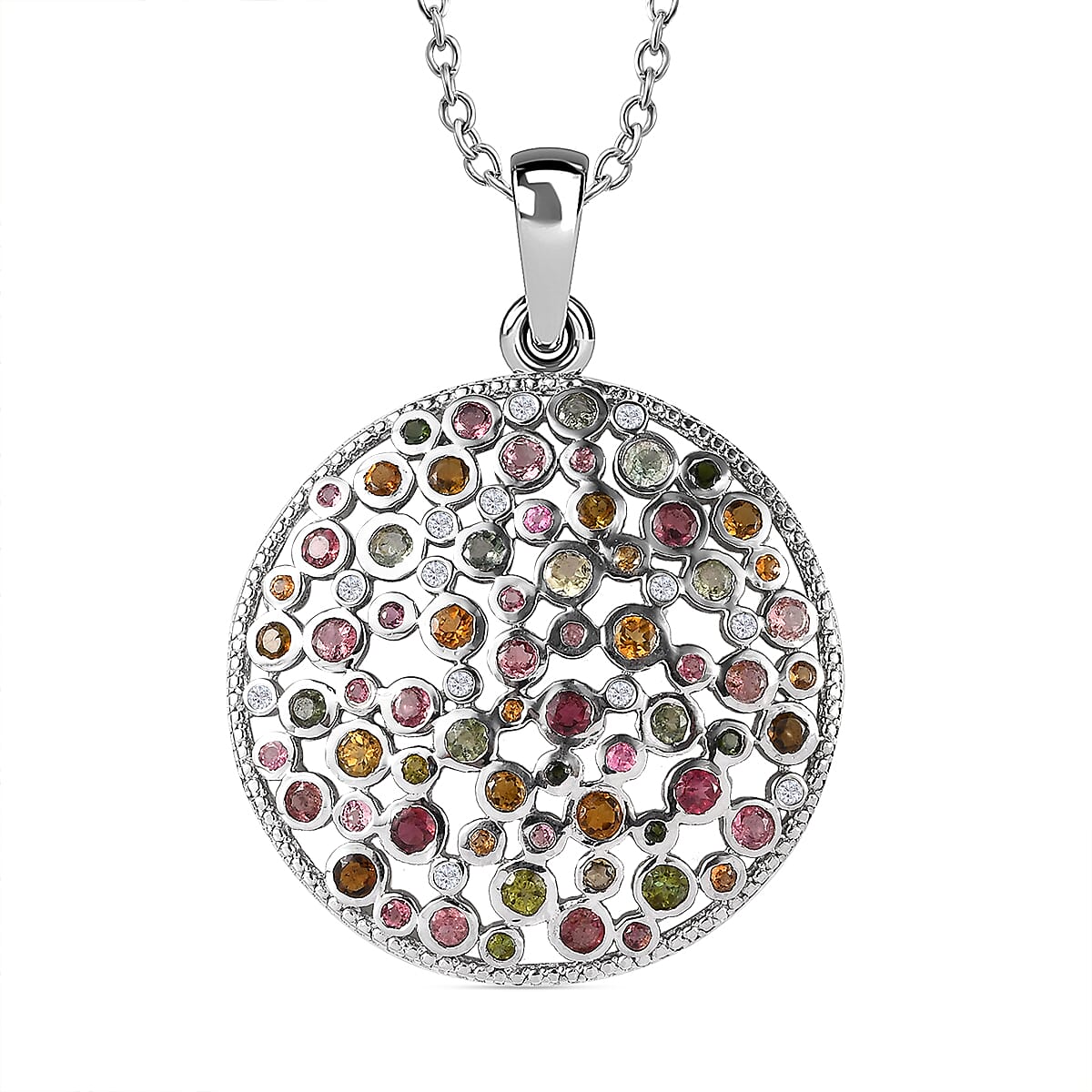 Multi-Tourmaline &amp; Natural Zircon Pendant with Chain (Size 20) in Platinum Overlay Sterling Silver 5.60 Ct, Silver Wt. 12.86 Gms 4190266 0