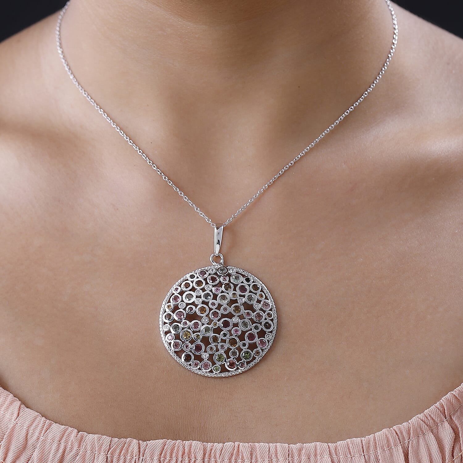 Multi-Tourmaline &amp; Natural Zircon Pendant with Chain (Size 20) in Platinum Overlay Sterling Silver 5.60 Ct, Silver Wt. 12.86 Gms 4190266 3