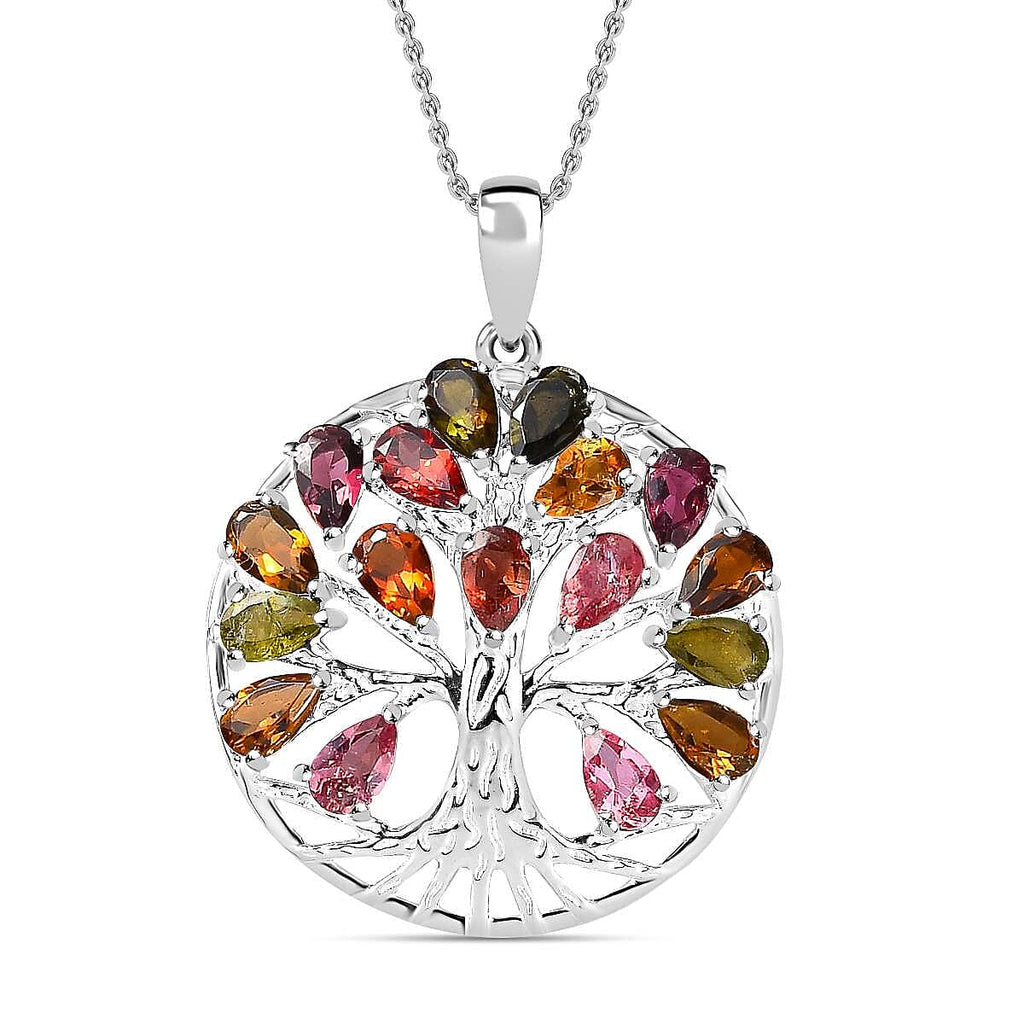 Multi-Tourmaline Tree of Life Pendant with Chain (Size 20) in Platinum Overlay Sterling Silver 3.49 Ct, Silver Wt. 5.27 Gms