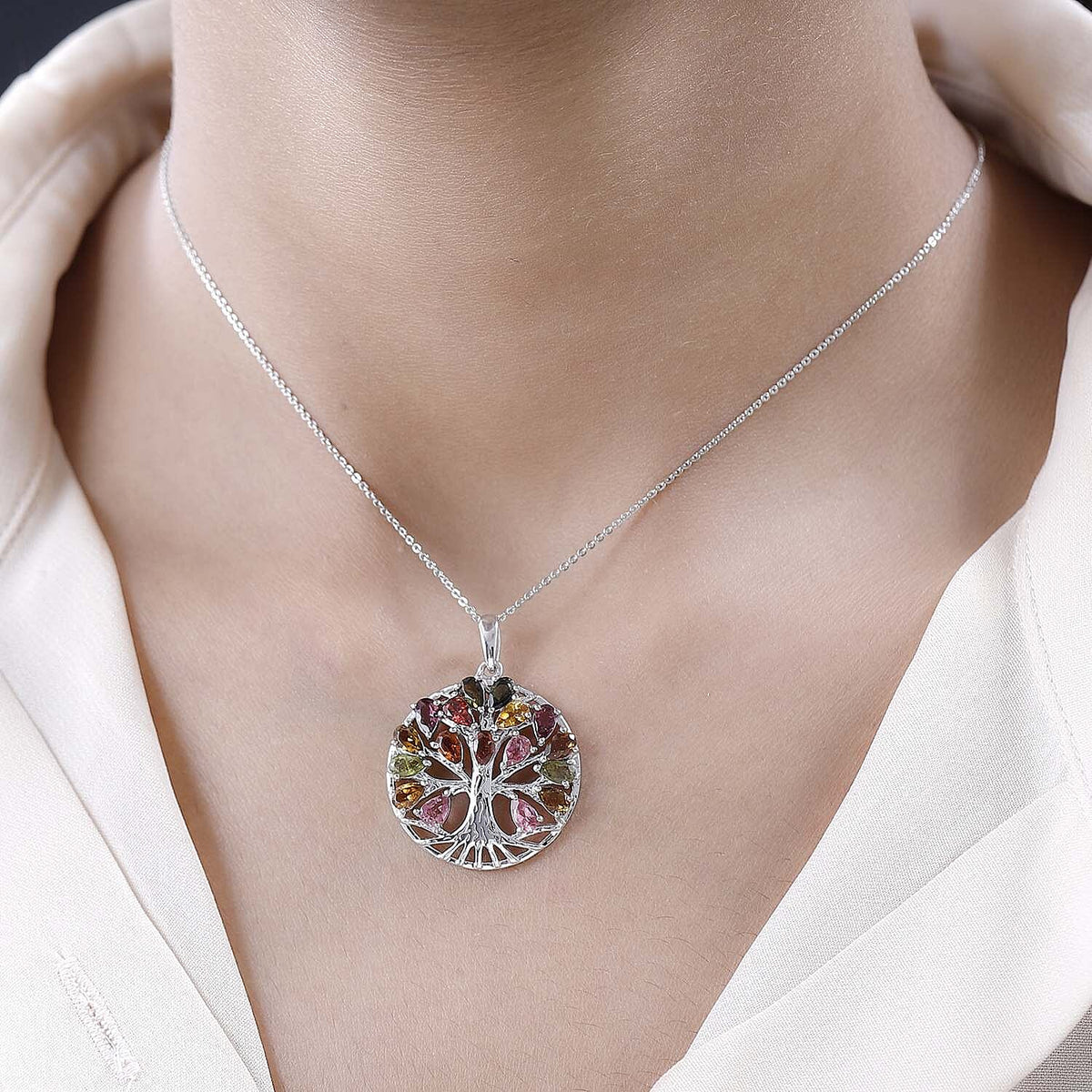 Multi-Tourmaline Tree of Life Pendant with Chain (Size 20) in Platinum Overlay Sterling Silver 3.49 Ct, Silver Wt. 5.27 Gms 4190252 1