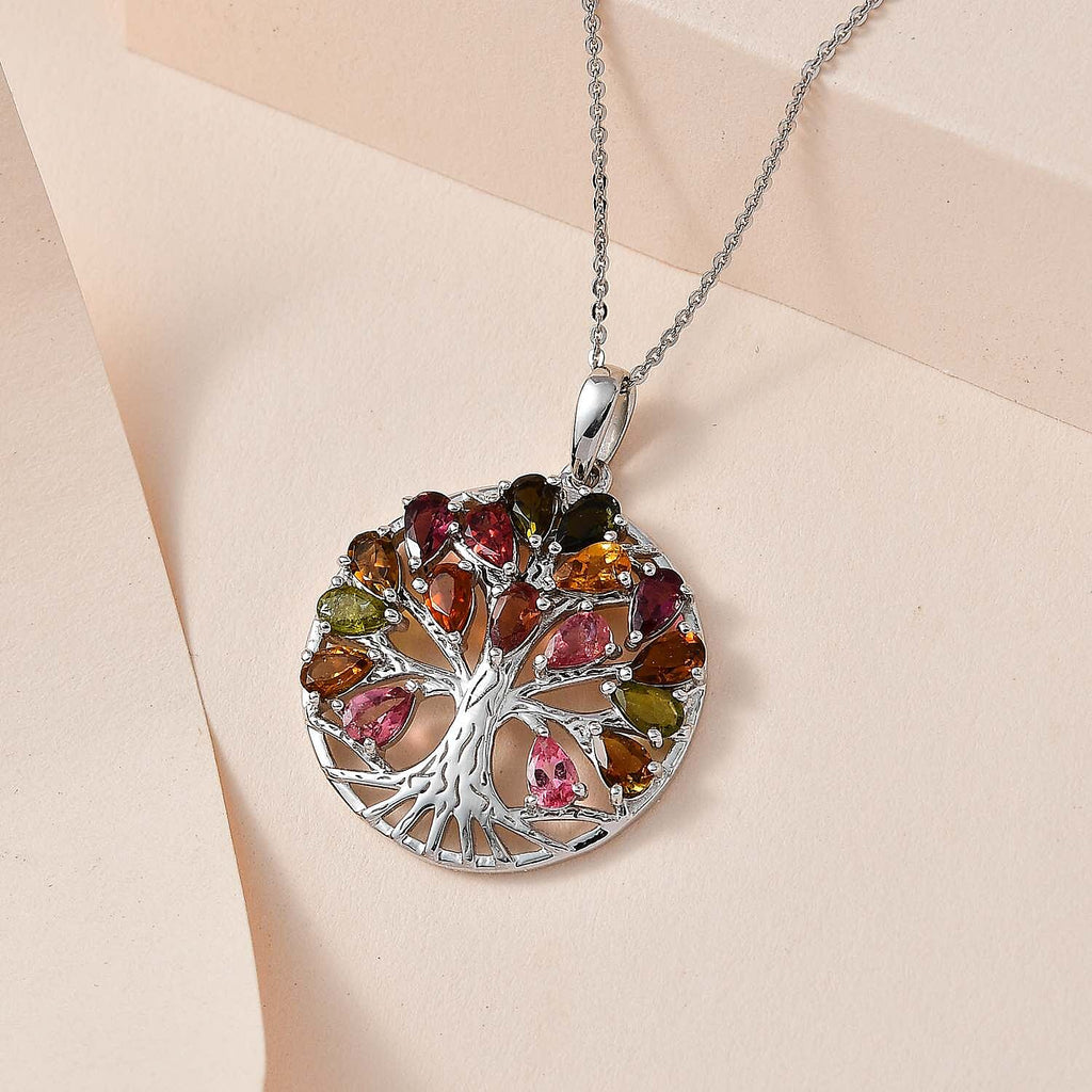 Multi-Tourmaline Tree of Life Pendant with Chain (Size 20) in Platinum Overlay Sterling Silver 3.49 Ct, Silver Wt. 5.27 Gms