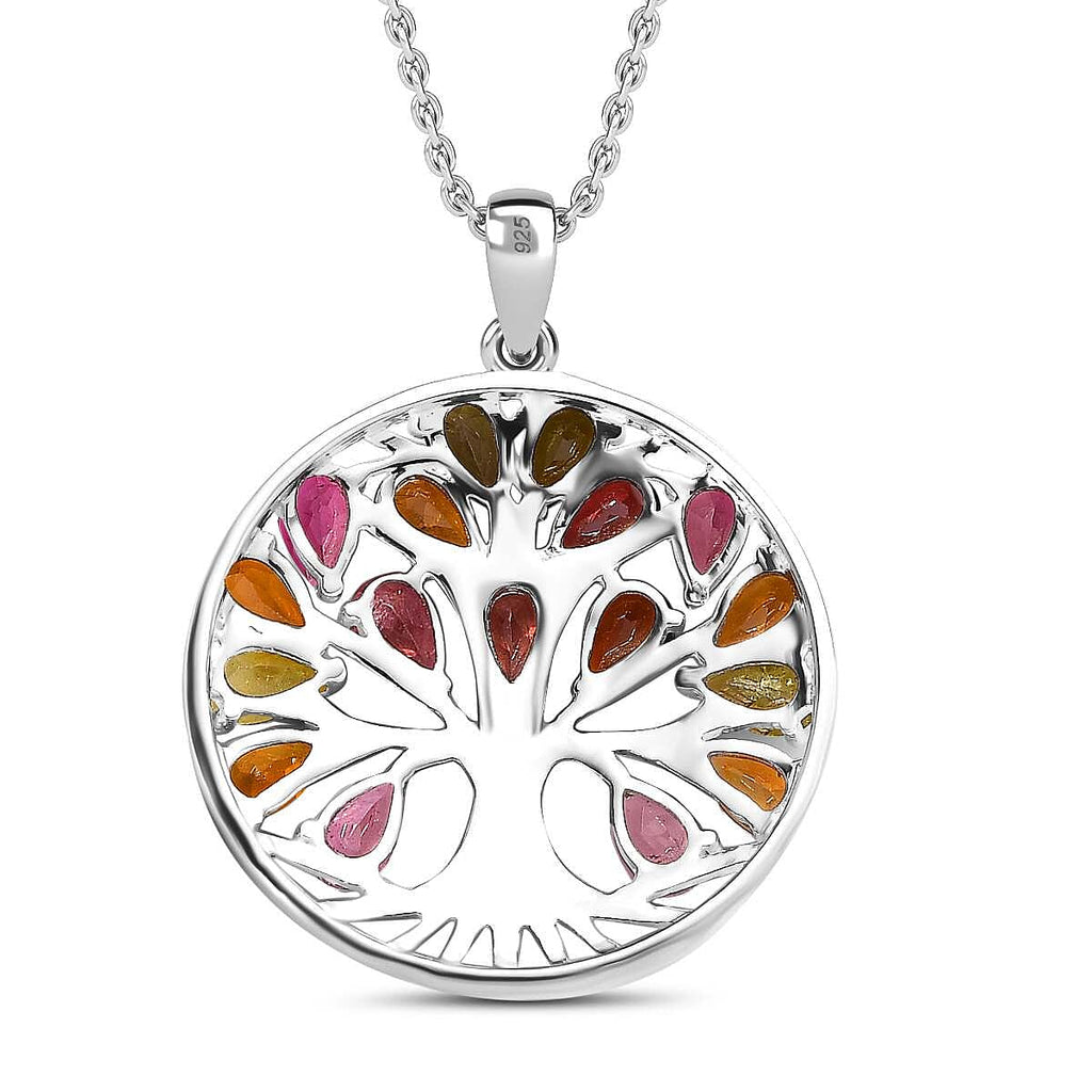Multi-Tourmaline Tree of Life Pendant with Chain (Size 20) in Platinum Overlay Sterling Silver 3.49 Ct, Silver Wt. 5.27 Gms