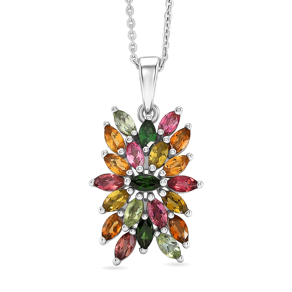 D'Joy - Multi-Tourmaline Cluster Floral Pendant with Chain (Size 20) in Rhodium Overlay Sterling Silver 1.66 Ct. V32558659 0