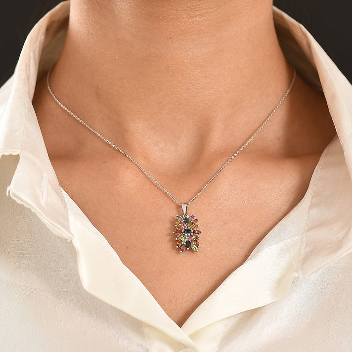 D'Joy - Multi-Tourmaline Cluster Pendant with Chain (Size 20) in Rhodium Overlay Sterling Silver 1.66 Ct. 4470238 2