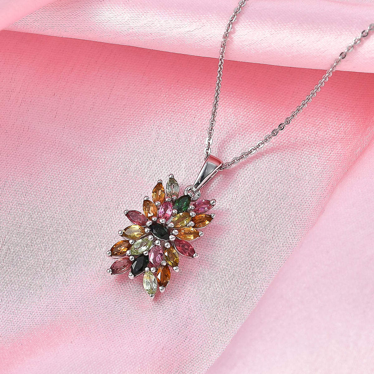 D'Joy - Multi-Tourmaline Cluster Floral Pendant with Chain (Size 20) in Rhodium Overlay Sterling Silver 1.66 Ct. V32558659 3