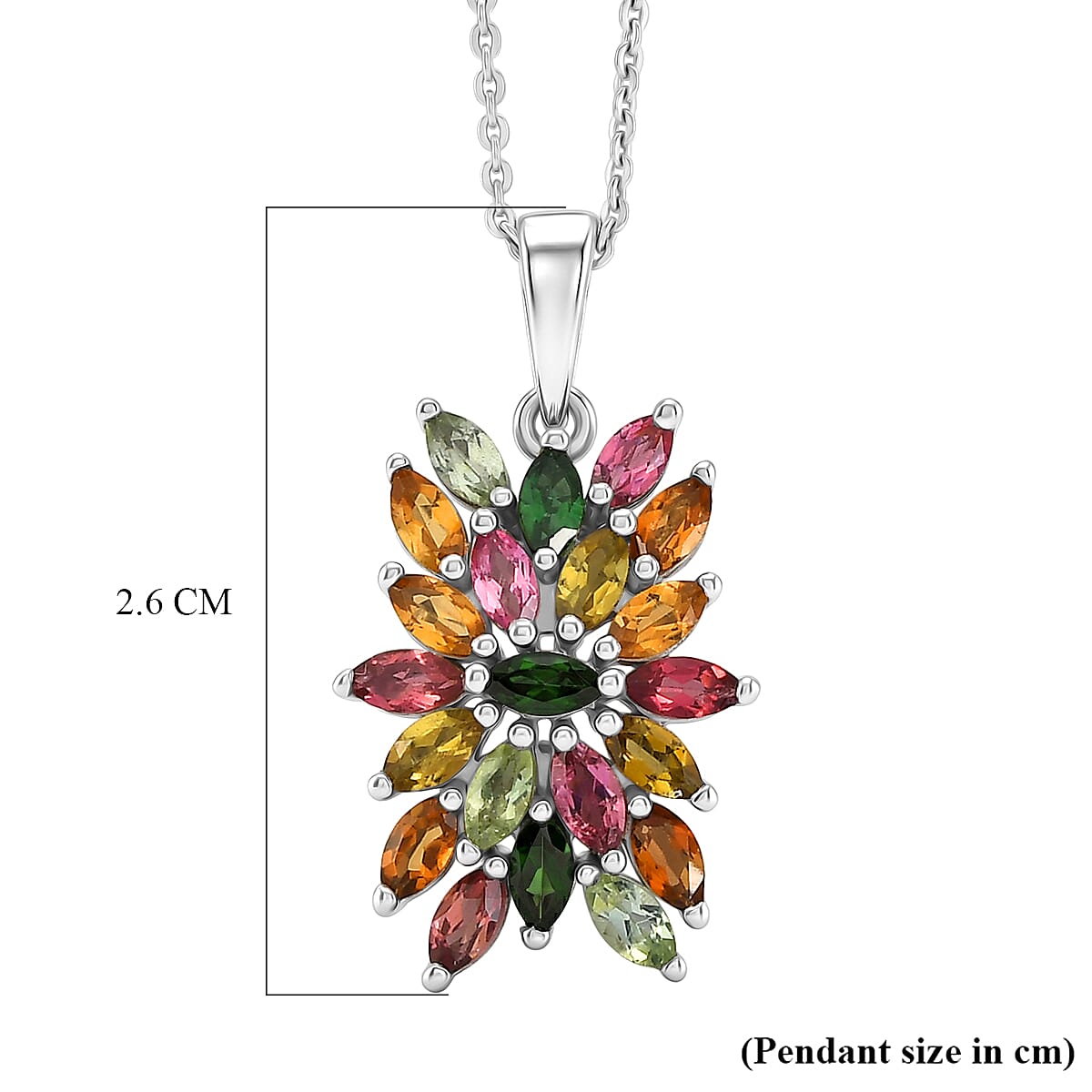 D'Joy - Multi-Tourmaline Cluster Floral Pendant with Chain (Size 20) in Rhodium Overlay Sterling Silver 1.66 Ct. V32558659 7