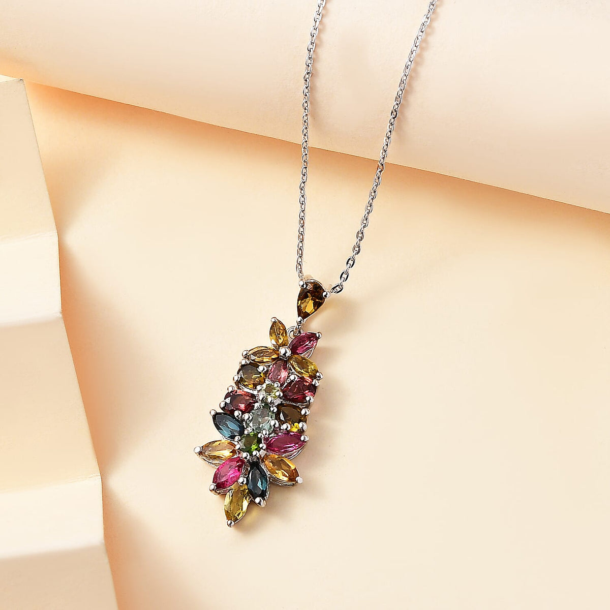 Multi-Tourmaline Floral Pendant with Chain (Size 20) in Rhodium Sterling Silver 4294212 2