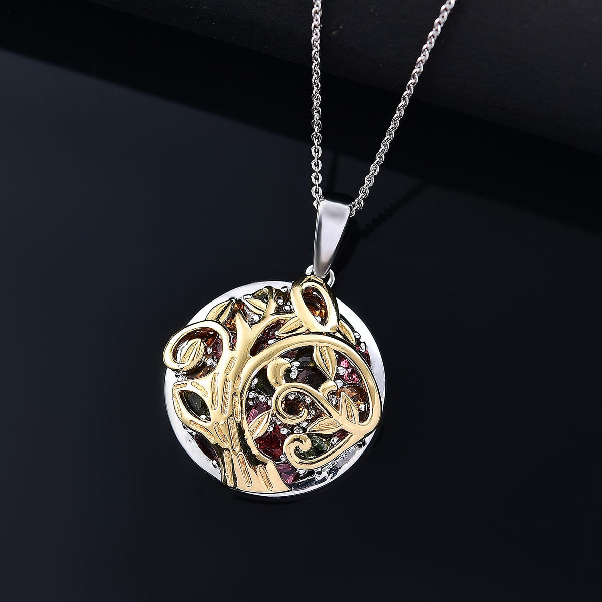 GP  Collection: Multi-Tourmaline, Red Garnet, White Zircon, African Amethyst Tree Pendant with Chain (Size 20) in Sterling Silver with 18K Vermeil Yellow Gold 4365263 3