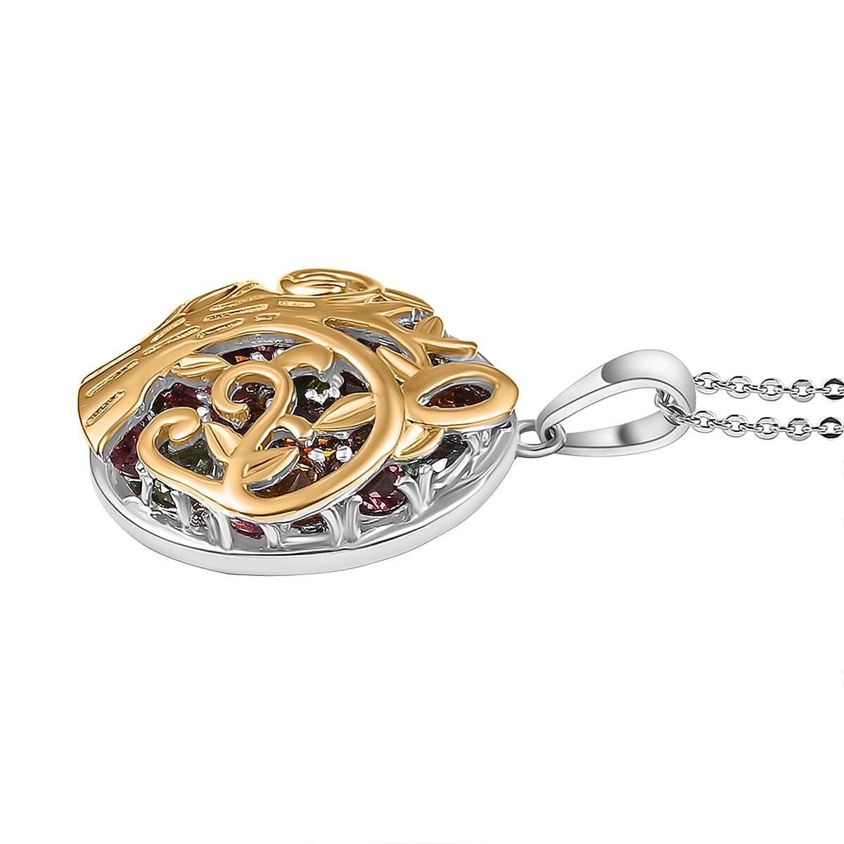 GP  Collection: Multi-Tourmaline, Red Garnet, White Zircon, African Amethyst Tree Pendant with Chain (Size 20) in Sterling Silver with 18K Vermeil Yellow Gold 4365263 4