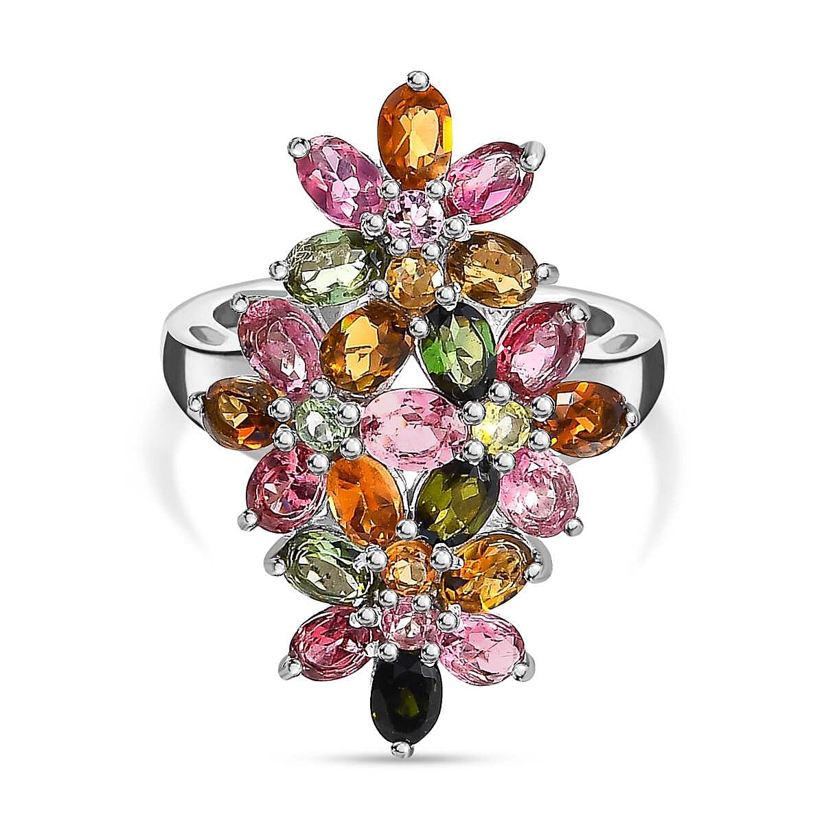 Multi-Tourmaline Cluster Floral Ring in Platinum Overlay Sterling Silver 3.80 Ct. 7616468 0