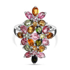 Multi-Tourmaline Cluster Floral Ring in Platinum Overlay Sterling Silver 3.80 Ct.