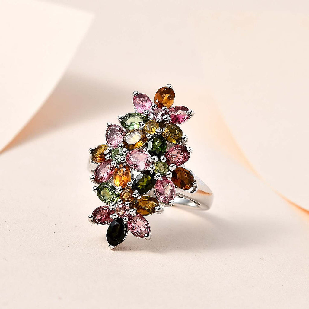 Multi-Tourmaline Cluster Floral Ring in Platinum Overlay Sterling Silver 3.80 Ct.