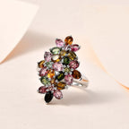 Multi-Tourmaline Cluster Floral Ring in Platinum Overlay Sterling Silver 3.80 Ct.