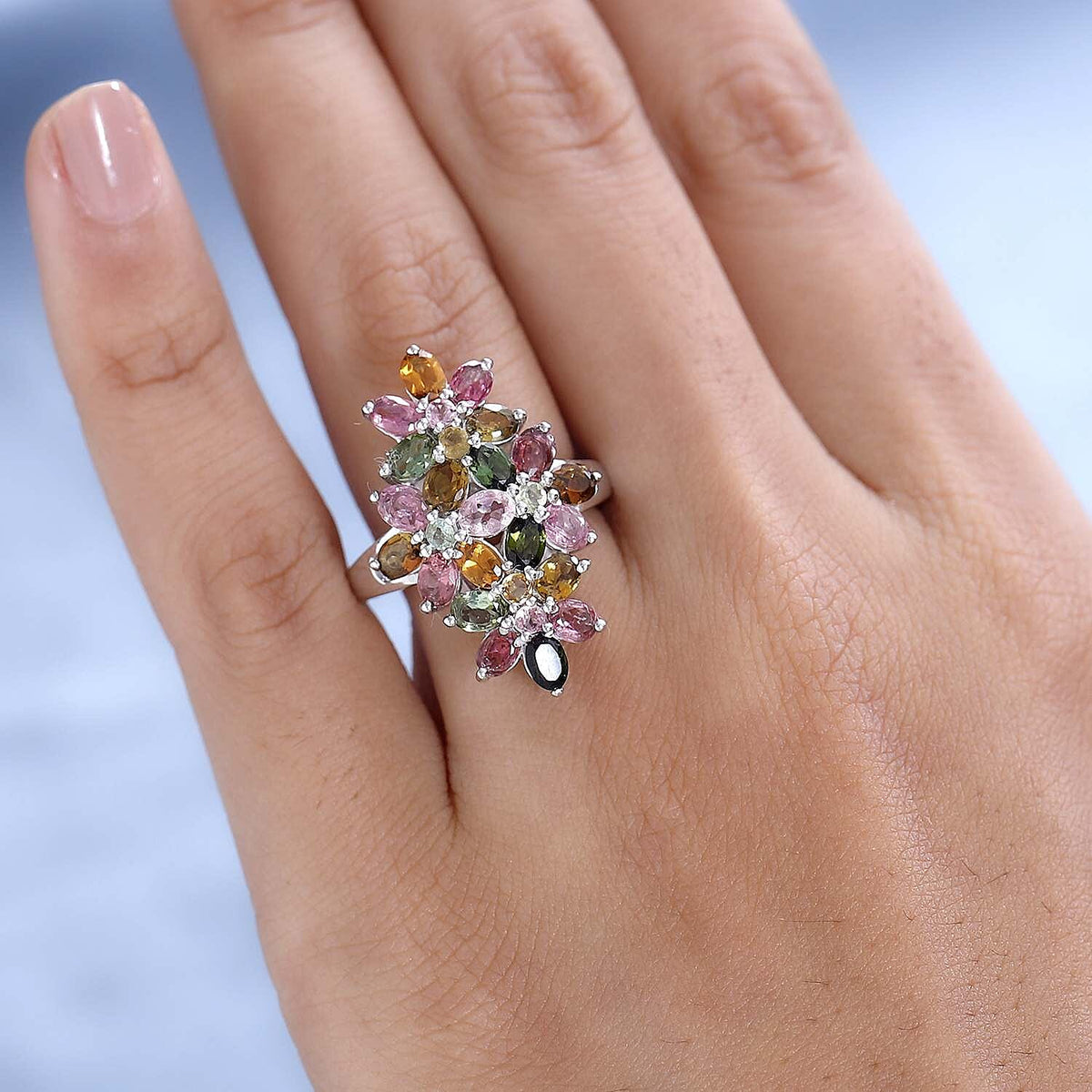 Multi-Tourmaline Cluster Floral Ring in Platinum Overlay Sterling Silver 3.80 Ct. 7616468 2
