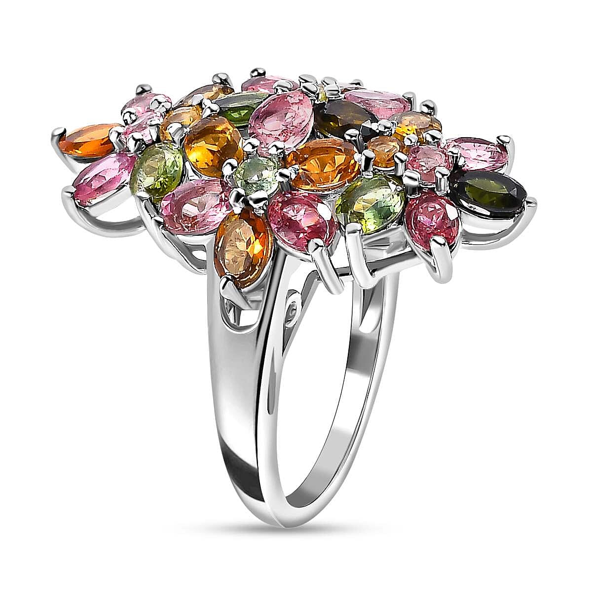 Multi-Tourmaline Cluster Floral Ring in Platinum Overlay Sterling Silver 3.80 Ct. 7616468 3