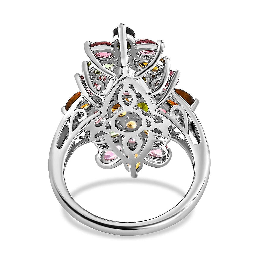 Multi-Tourmaline Cluster Floral Ring in Platinum Overlay Sterling Silver 3.80 Ct.