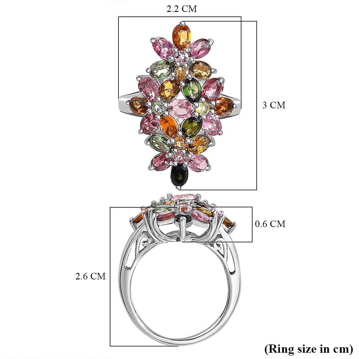 Multi-Tourmaline Cluster Floral Ring in Platinum Overlay Sterling Silver 3.80 Ct. 7616468 5