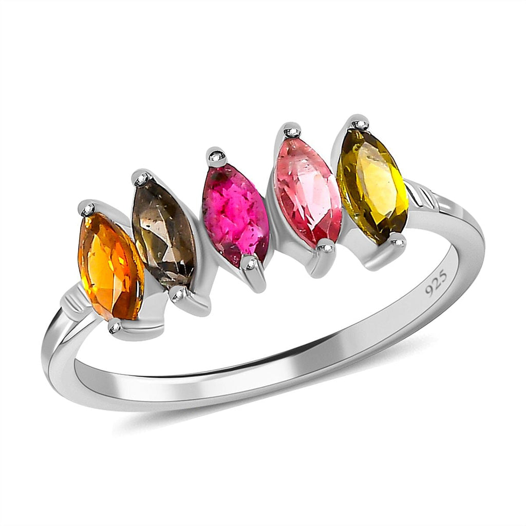 Multi-Tourmaline 5 Stone Ring in Platinum Overlay Sterling Silver 1.12 Ct.