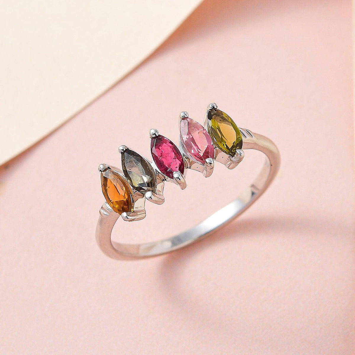 Multi-Tourmaline 5 Stone Ring in Platinum Overlay Sterling Silver  1.120 Ct. 7363224 3
