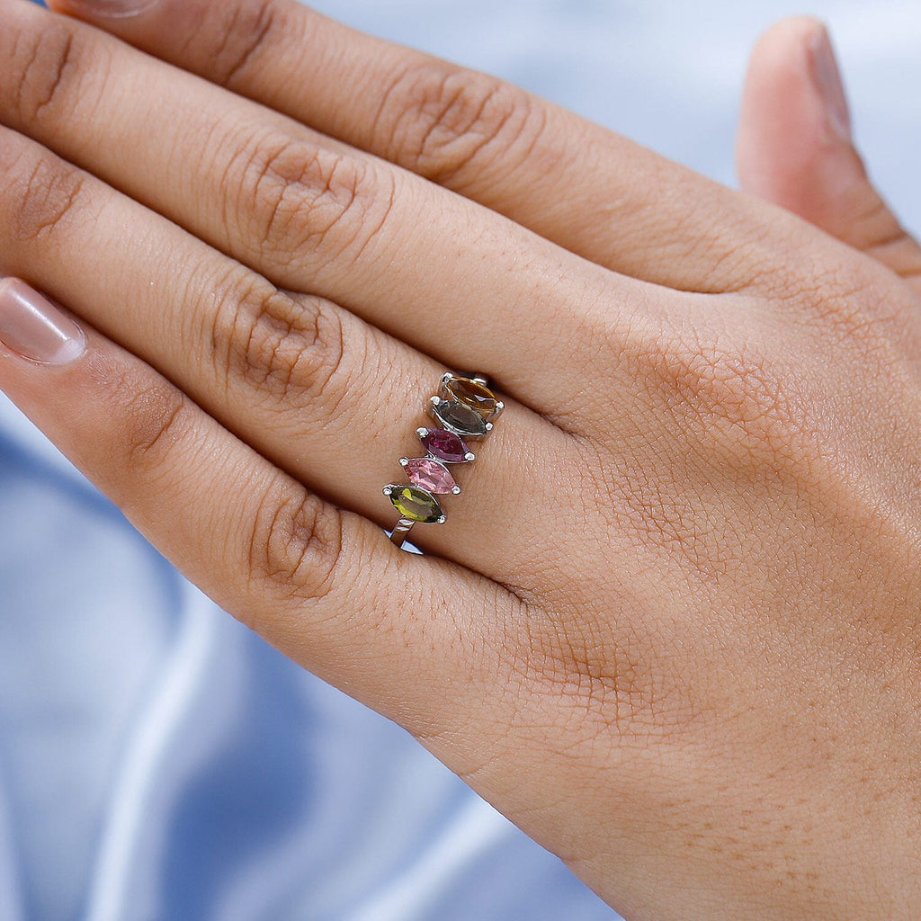 Multi-Tourmaline 5 Stone Ring in Platinum Overlay Sterling Silver 1.12 Ct.