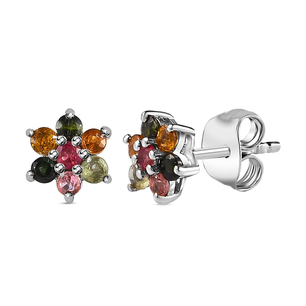 Multi-Tourmaline Stud Floral Earrings (with Push Back) in Platinum Overlay Sterling Silver