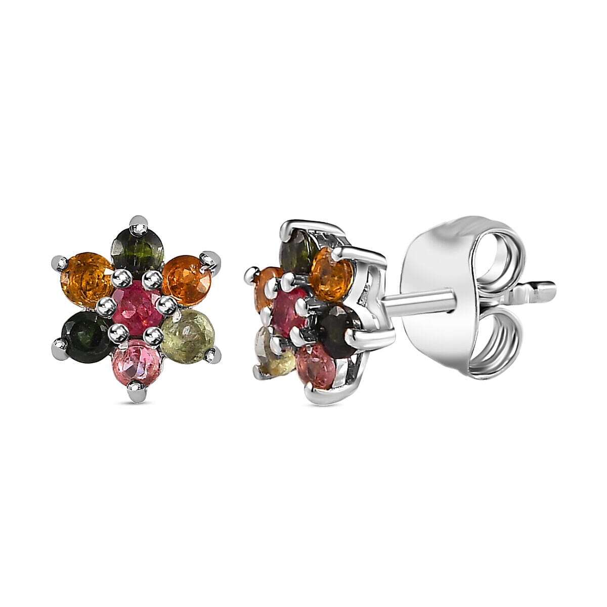 Multi-Tourmaline Stud Floral Earrings (with Push Back) in Platinum Overlay Sterling Silver 7363300 0