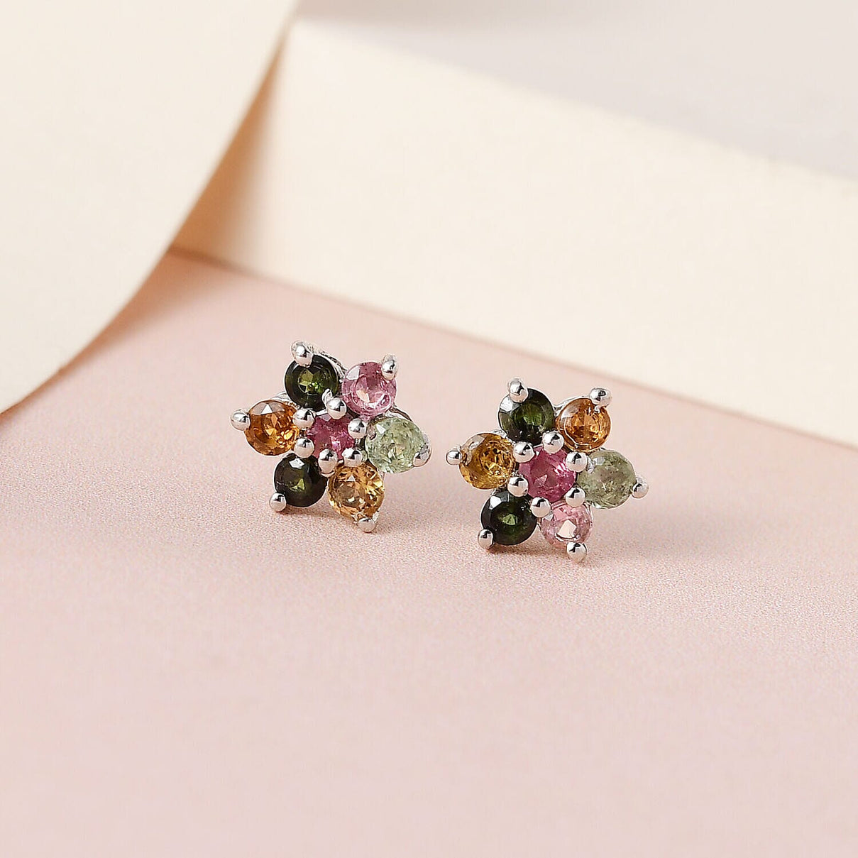 Multi-Tourmaline Stud Floral Earrings (with Push Back) in Platinum Overlay Sterling Silver 7363300 2