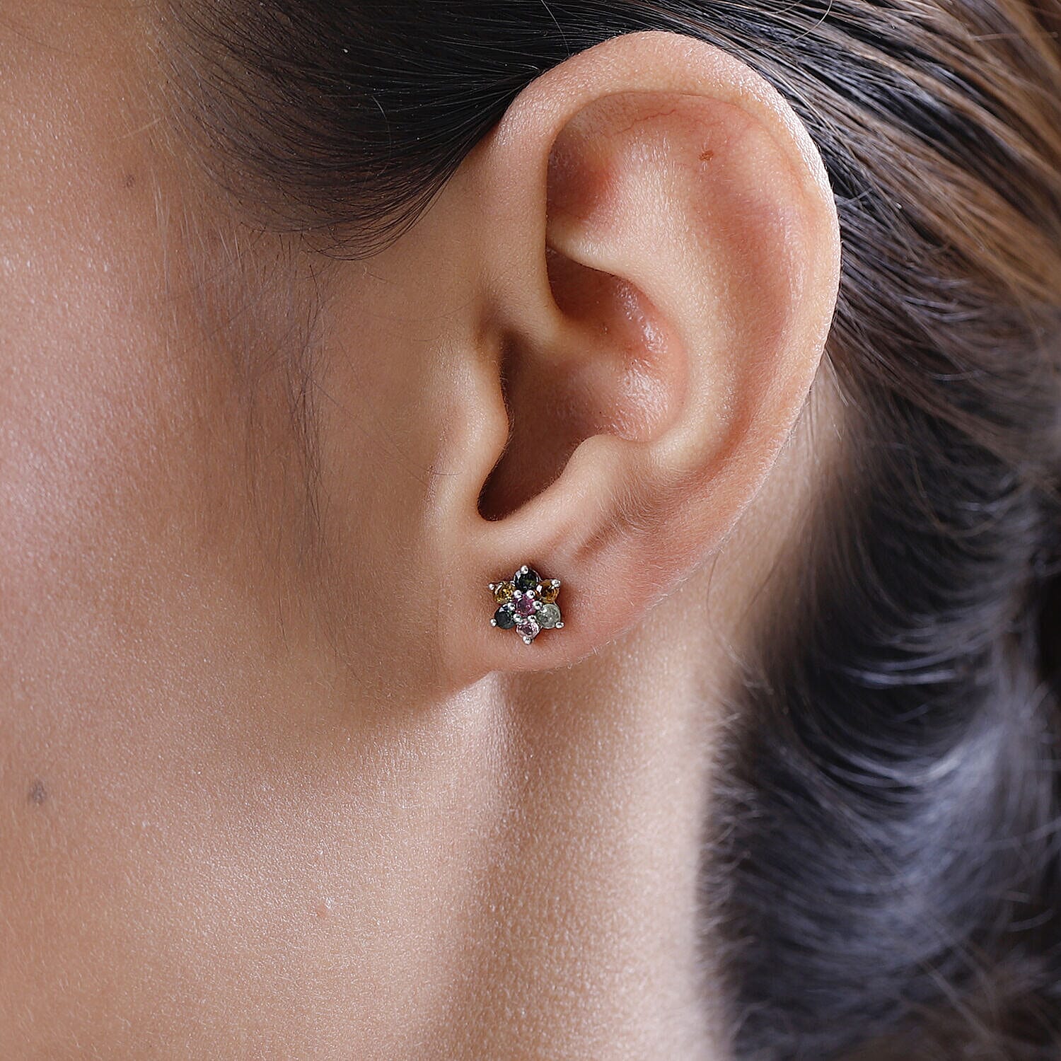Multi-Tourmaline Stud Floral Earrings (with Push Back) in Platinum Overlay Sterling Silver 7363300 3