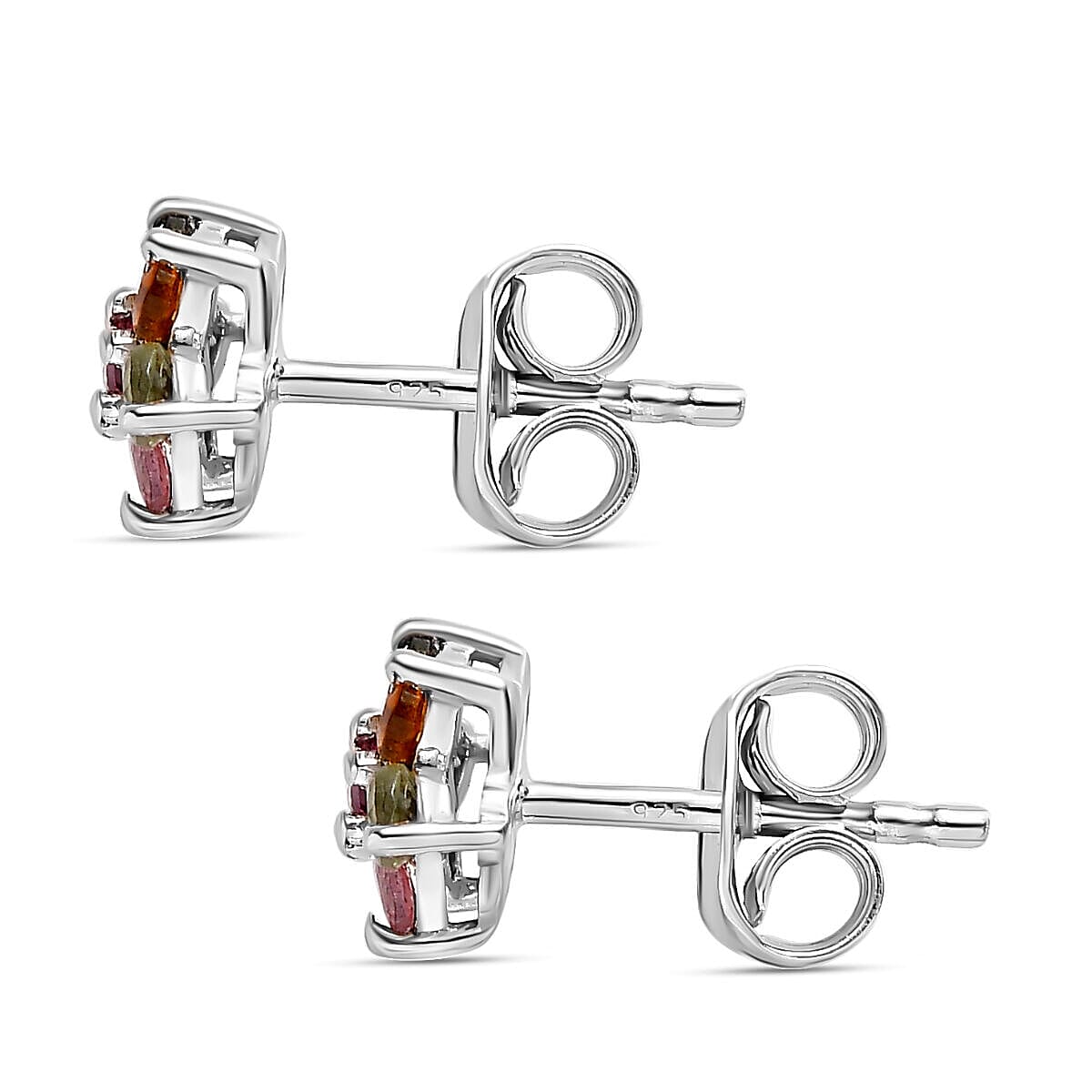 Multi-Tourmaline Stud Floral Earrings (with Push Back) in Platinum Overlay Sterling Silver 7363300 4