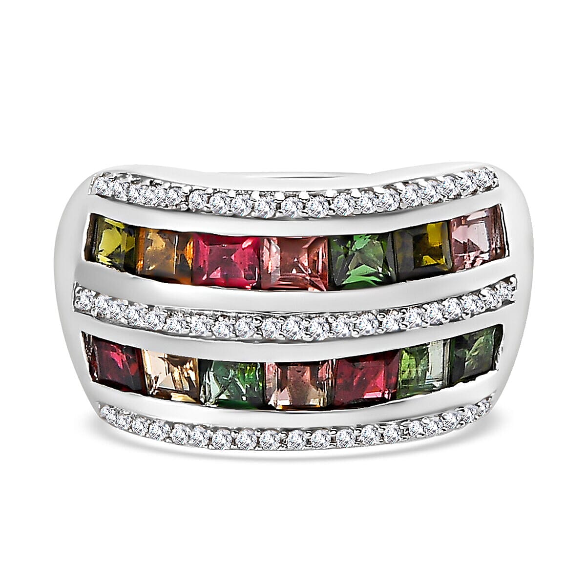 Multi-Tourmaline and Natural Zircon Wedding Band Ring in Platinum Overlay Sterling Silver 2.614 Ct. 7325977 2