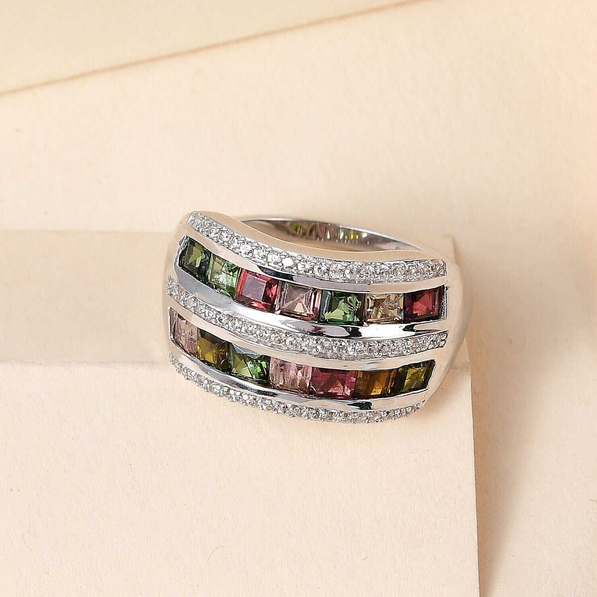 Multi-Tourmaline and Natural Zircon Wedding Band Ring in Platinum Overlay Sterling Silver 2.614 Ct. 7325977 4