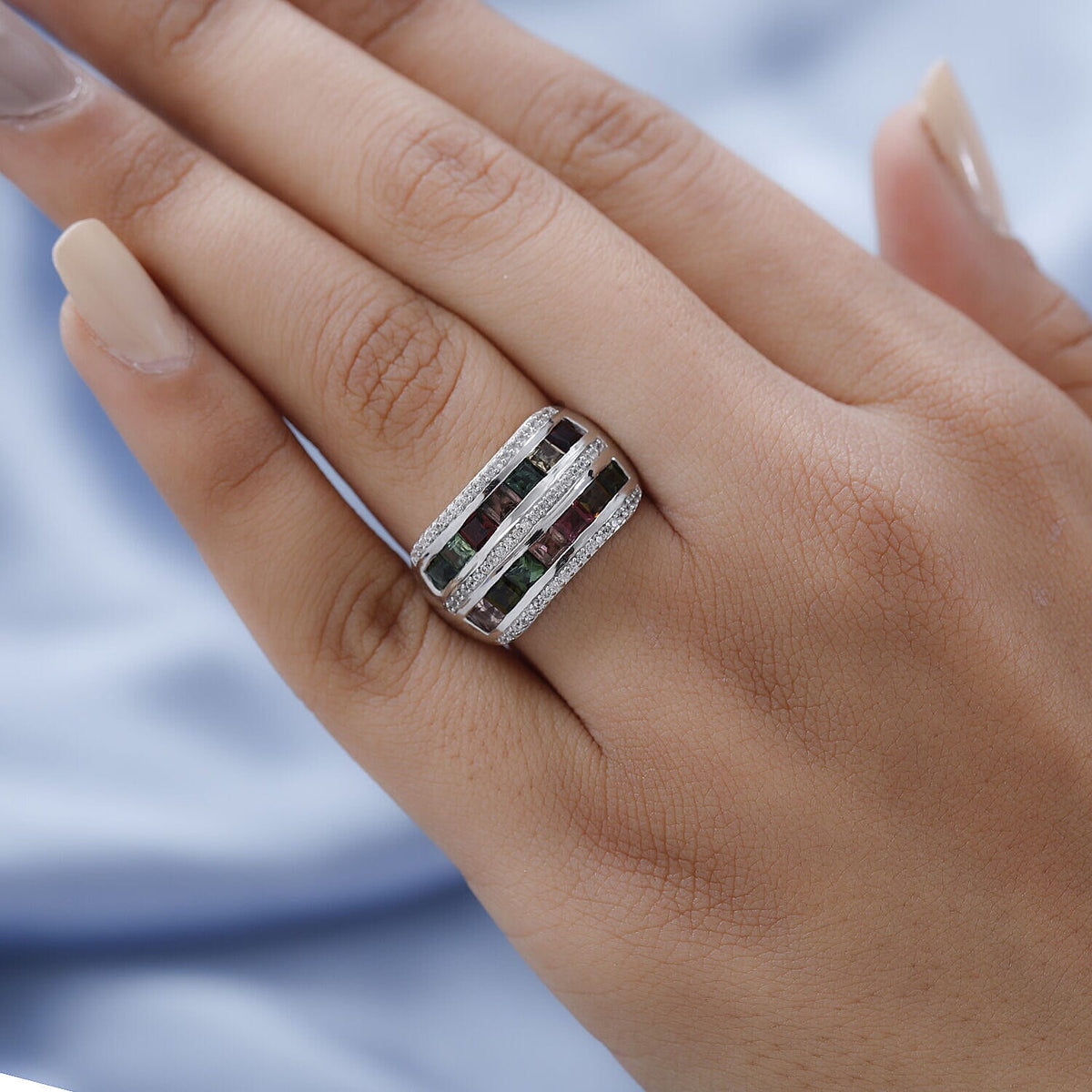 Multi-Tourmaline and Natural Zircon Wedding Band Ring in Platinum Overlay Sterling Silver 2.614 Ct. 7325977 6