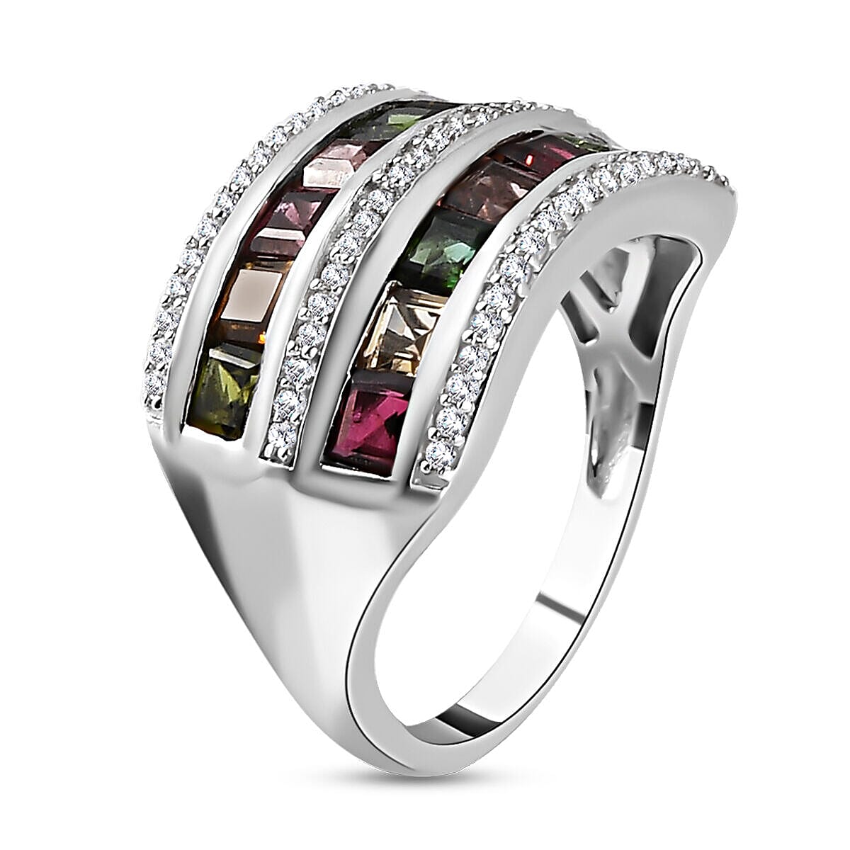 Multi-Tourmaline and Natural Zircon Wedding Band Ring in Platinum Overlay Sterling Silver 2.614 Ct. 7325977 8
