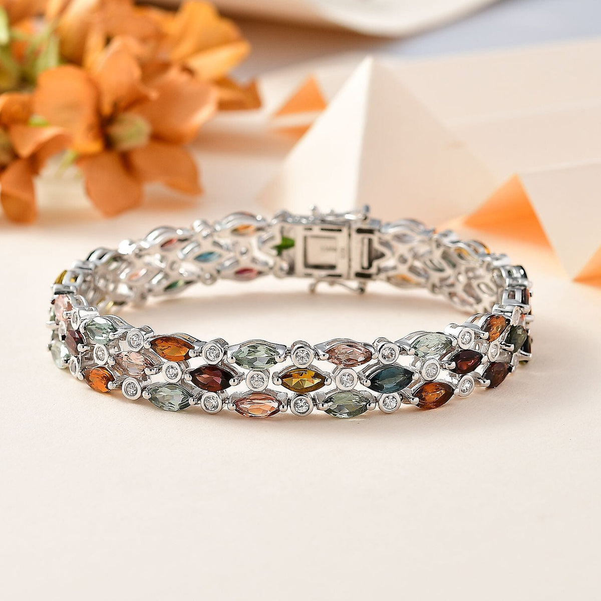 Multi-Tourmaline &amp; Natural Zircon Bracelet (Size - 7) in Platinum Overlay Sterling Silver 19.40 Ct, Silver Wt 19.55 Gms 7712887 7