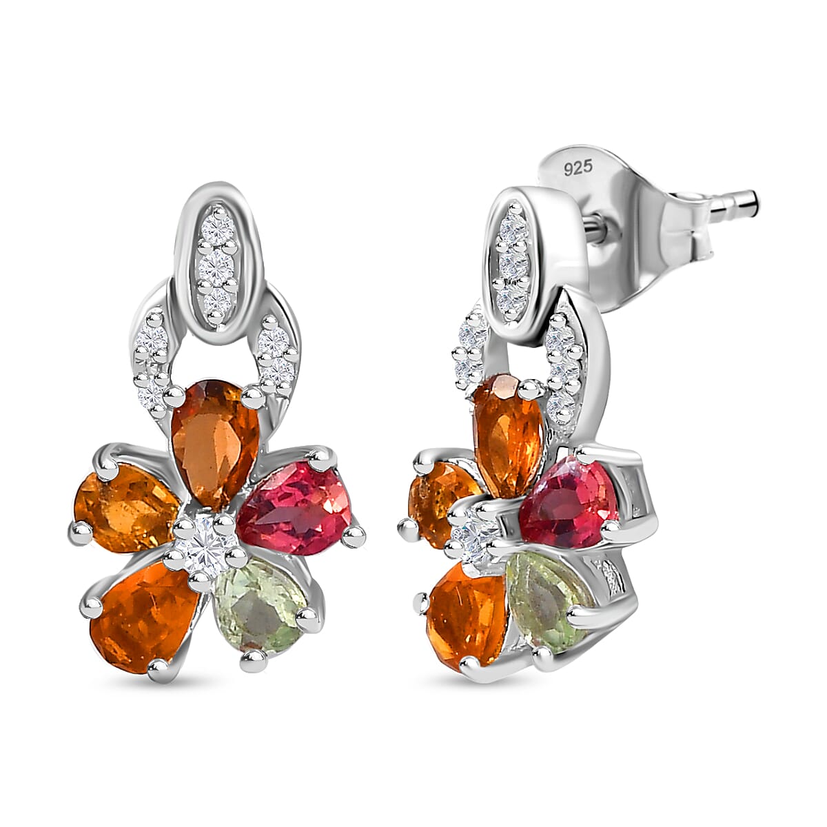 Multi-Tourmaline, White Zircon Floral Drop Earrings in Rhodium Overlay Sterling Silver 7844384 0