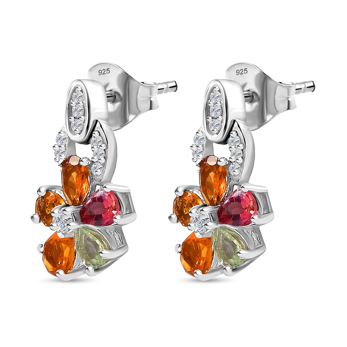 Multi-Tourmaline, White Zircon Floral Drop Earrings in Rhodium Overlay Sterling Silver 7844384 4