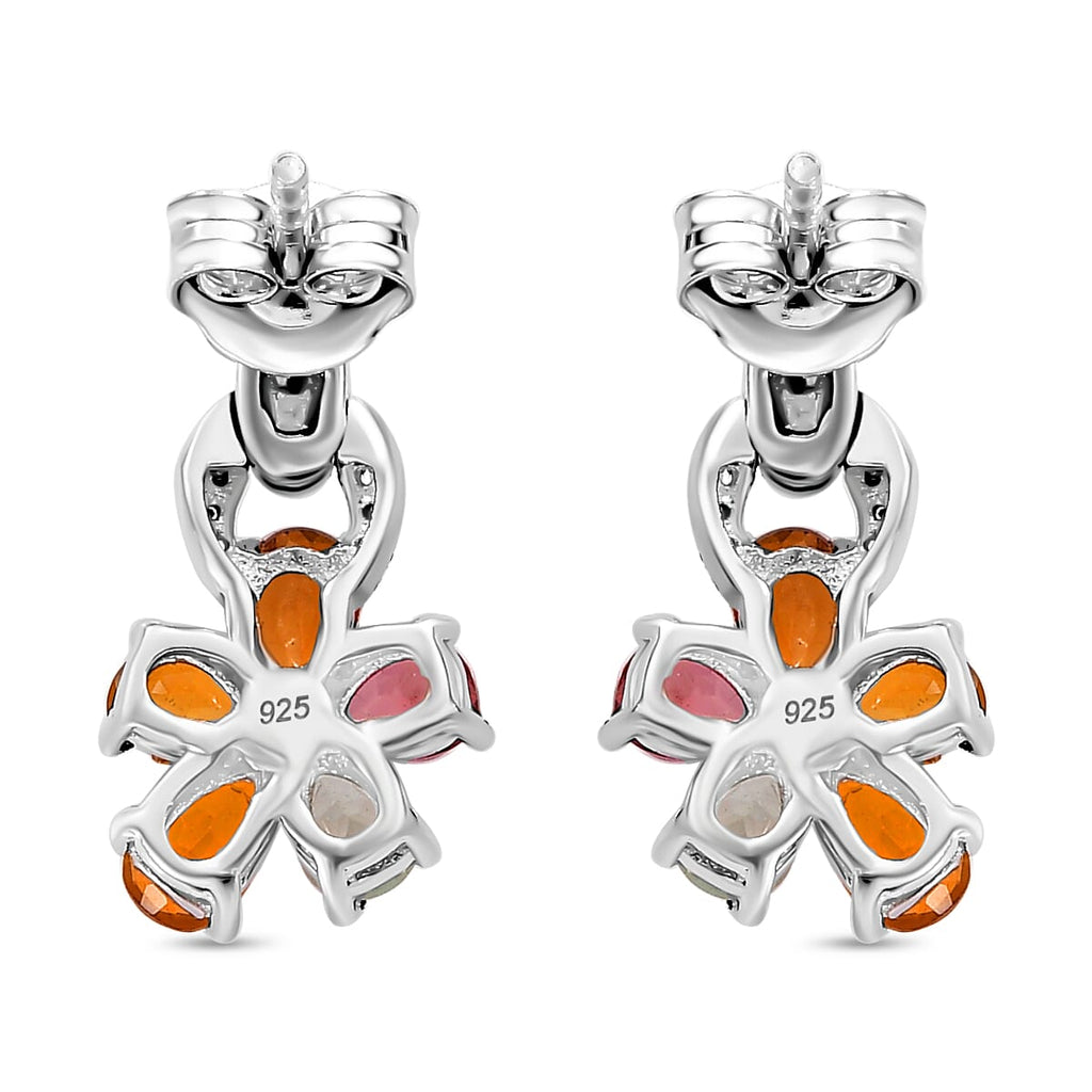Multi-Tourmaline & White Zircon Floral Drop Earring in Rhodium Overlay Sterling Silver 1.66 Ct.