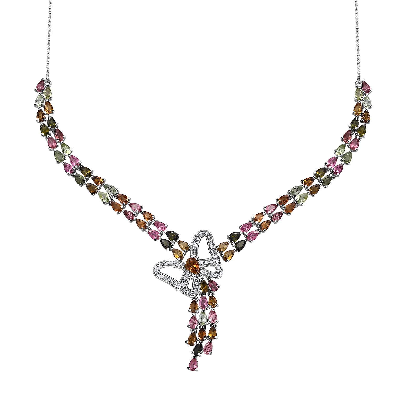 Multi-Tourmaline & Zircon Cluster Necklace With Lobster Clasp (Size - 20) in Rhodium Overlay Sterling Silver 15.83 Ct