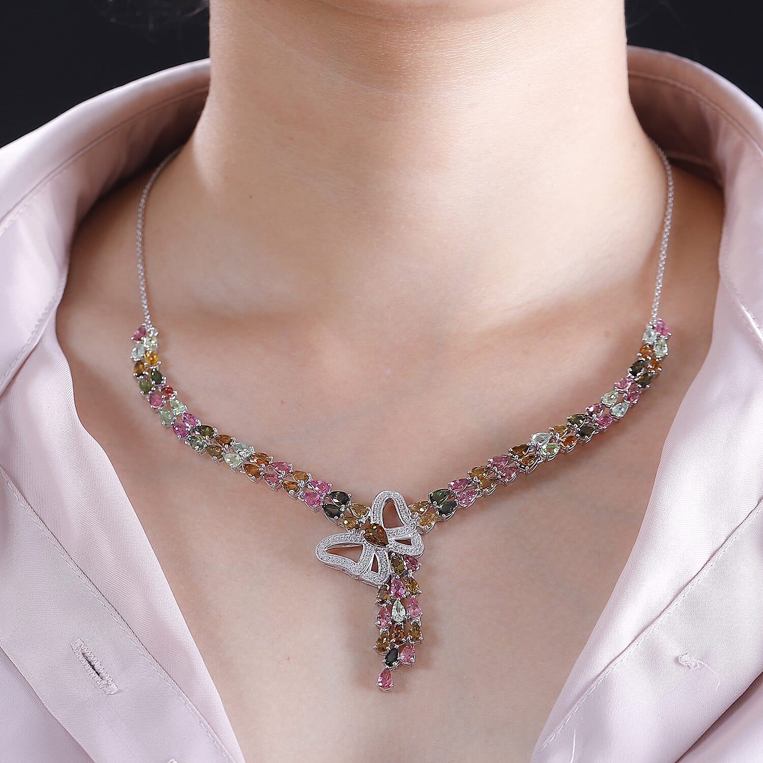 Multi-Tourmaline and Zircon Cluster Necklace (Size - 20) in Rhodium Overlay Sterling Silver 18.00 ct. 7844499 2