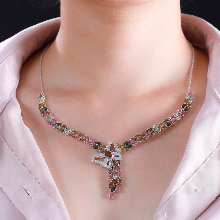 Multi-Tourmaline and Zircon Cluster Necklace (Size - 20) in Rhodium Overlay Sterling Silver 18.00 ct. 7844499 2