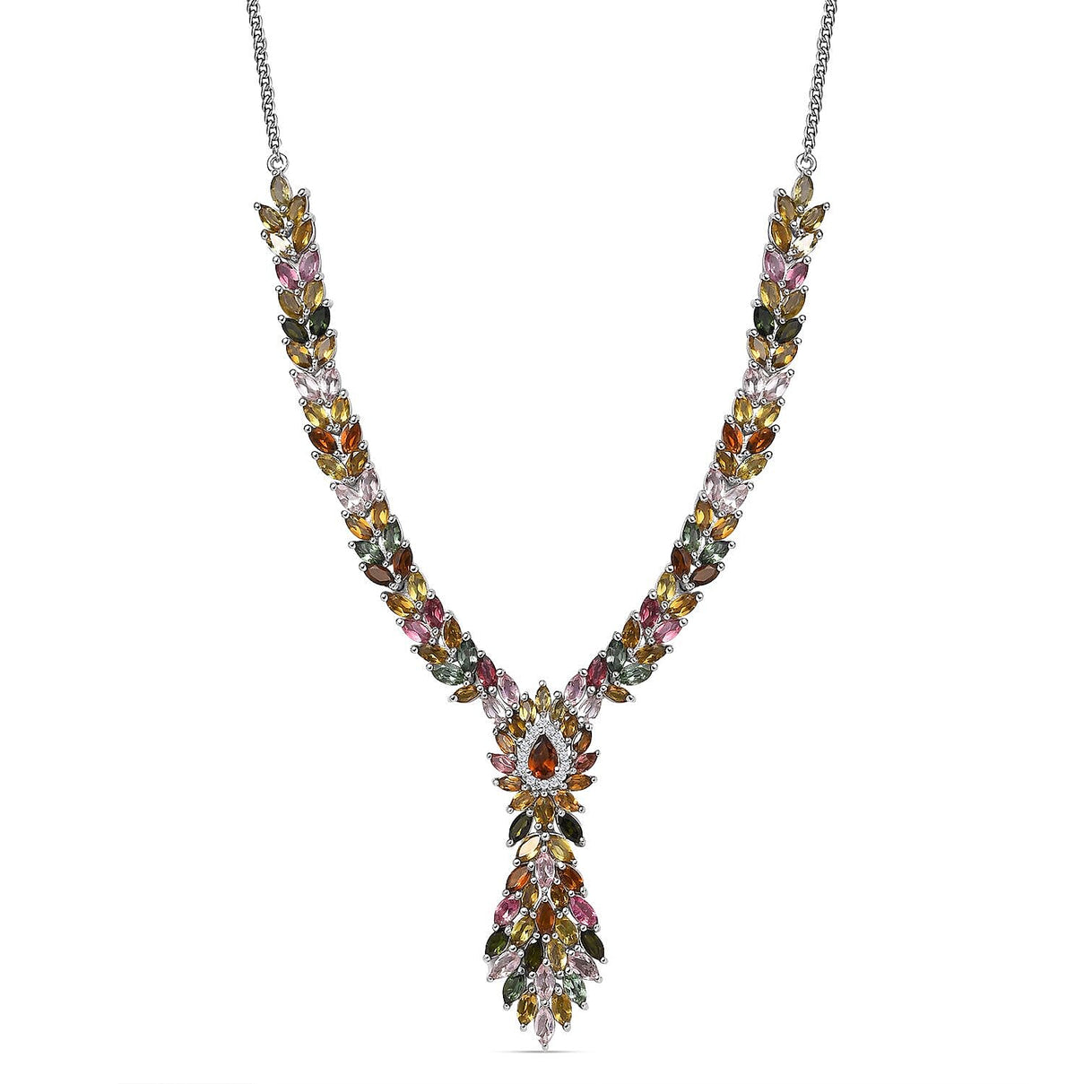Multi-Tourmaline &amp; Natural Zircon Cluster Necklace in Platinum Overlay Sterling Silver 15.24 Ct, Silver Wt. 19.72 Gms 7725650 0