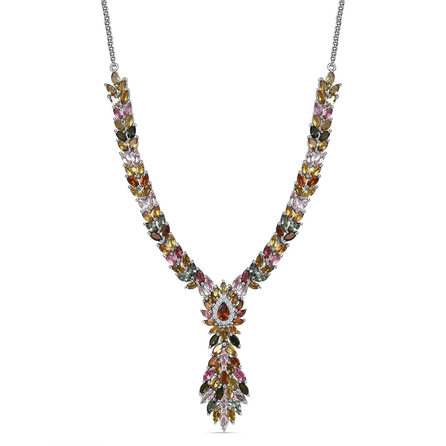 Multi-Tourmaline &amp; Natural Zircon Cluster Necklace in Platinum Overlay Sterling Silver 15.24 Ct, Silver Wt. 19.72 Gms 7725650 0