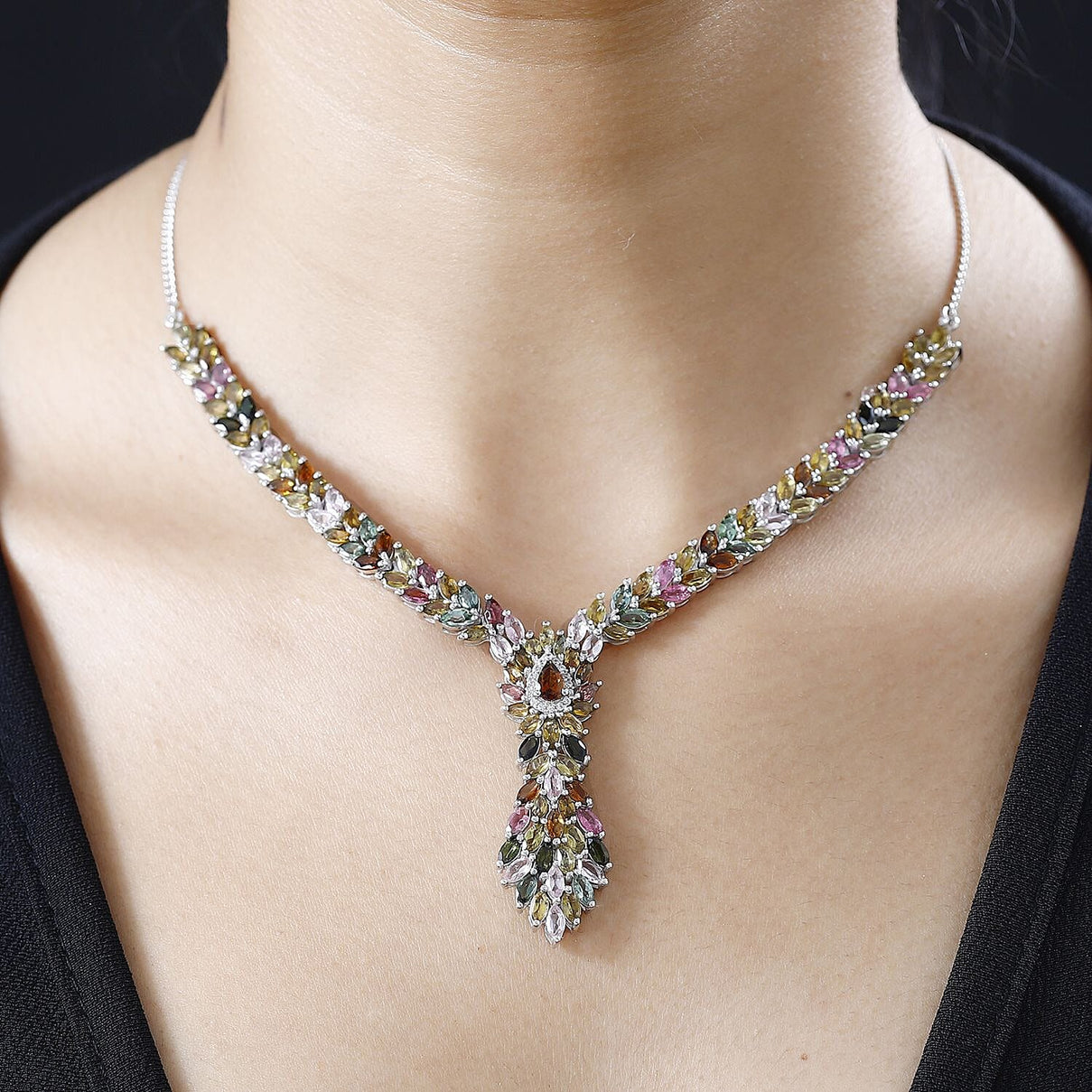 Multi-Tourmaline &amp; Natural Zircon Cluster Necklace in Platinum Overlay Sterling Silver 15.24 Ct, Silver Wt. 19.72 Gms 7725650 2
