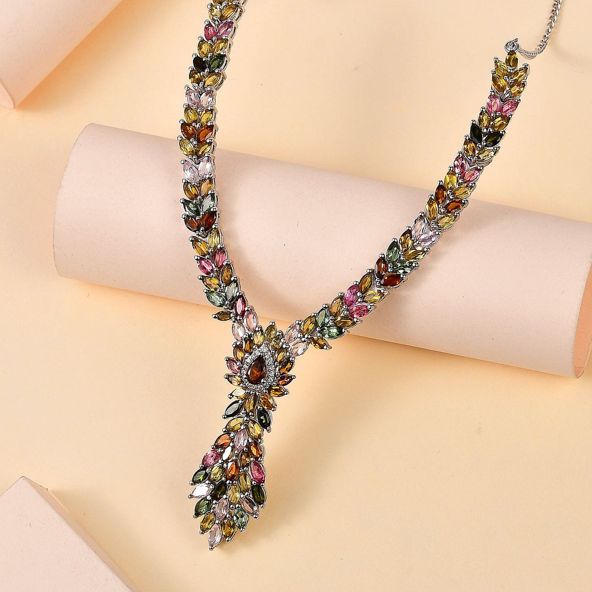 Multi-Tourmaline &amp; Natural Zircon Cluster Necklace in Platinum Overlay Sterling Silver 15.24 Ct, Silver Wt. 19.72 Gms 7725650 3