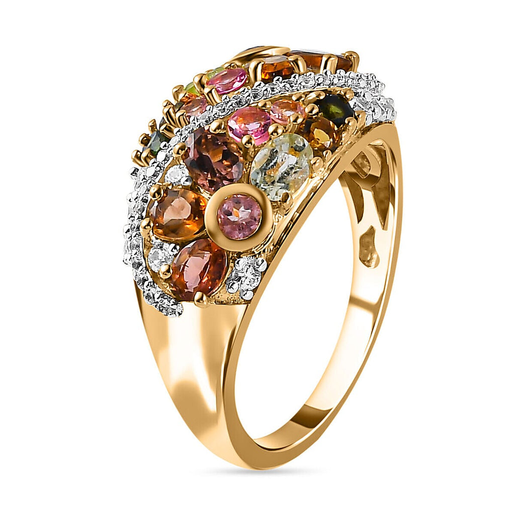 Multi-Tourmaline and Natural Zircon Cluster Ring in 18K Vermeil Yellow Gold Plated Sterling Silver 2.472 Ct.