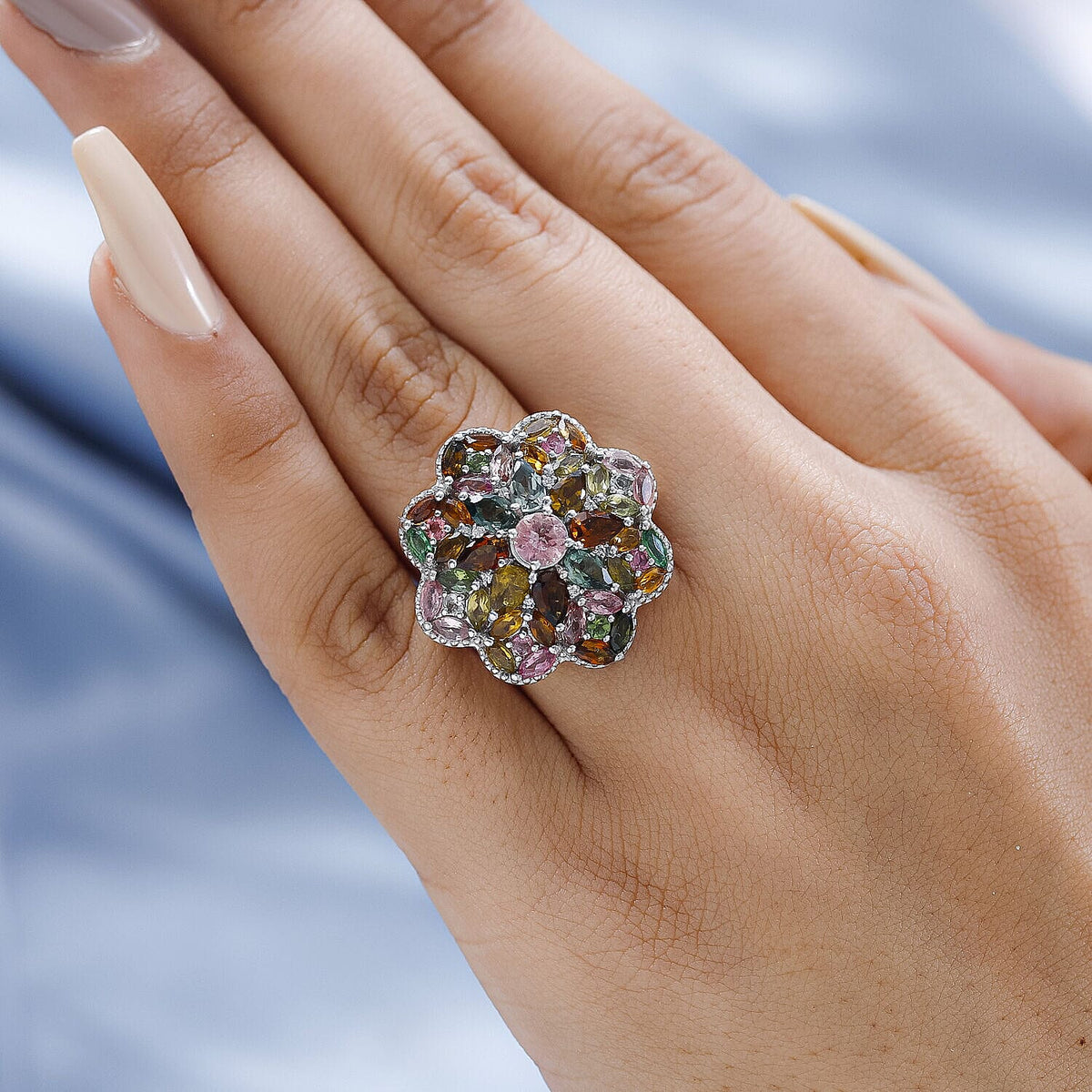 Multi-Tourmaline and Natural Zircon Cluster Ring in Platinum Overlay Sterling Silver 4.93 Ct, Silver Wt. 6.10 Gms. 7325993 6