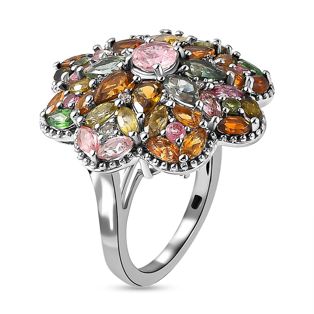 Multi-Tourmaline and Natural Zircon Cluster Ring in Platinum Overlay Sterling Silver 4.93 Ct, Silver Wt. 6.10 Gms.