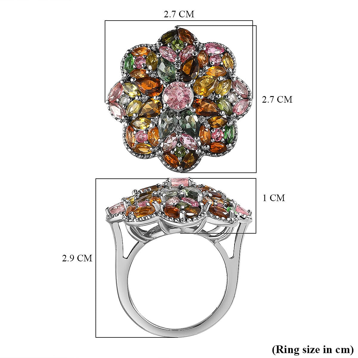 Multi-Tourmaline and Natural Zircon Cluster Ring in Platinum Overlay Sterling Silver 4.93 Ct, Silver Wt. 6.10 Gms. 7325993 12