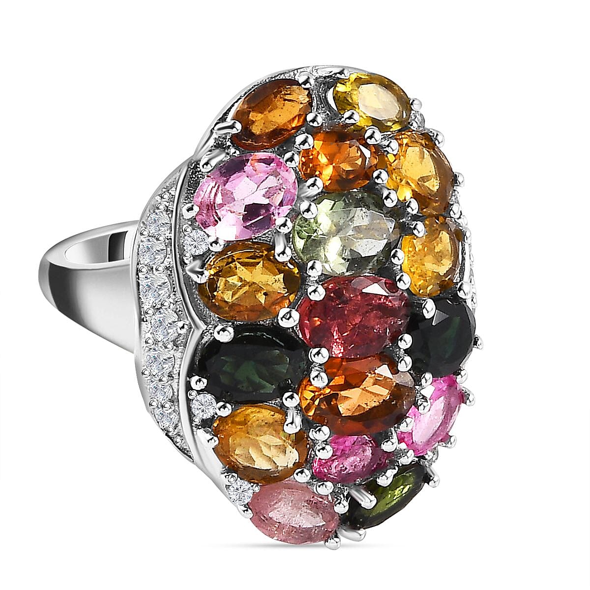 Multi-Tourmaline &amp; Natural Zircon Cluster Ring in Platinum Overlay Sterling Silver 5.66 Ct, Silver Wt. 5.79 Gms 7616378 0